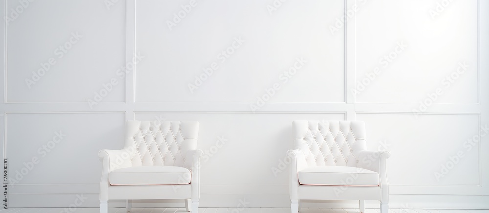 Poster two white chairs are placed next to each other in a room with a white wall. the chairs are simple in