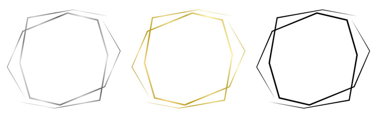 Set of black, golden and silver metal frame isolated on white. Vector frame for text, certificate, pictures, diploma. An interesting frame of an unusual, uneven shape