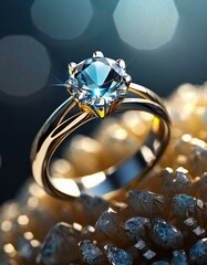 Engagement ring with a diamond or other precious stone on a dark background, close-up view 