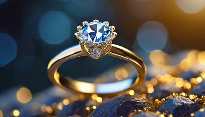 Engagement ring with a diamond or other precious stone on a dark background, close-up view 