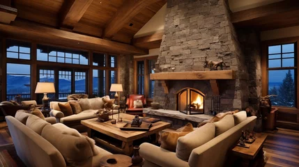 Plaid avec motif Mur chinois Rustic ski lodge great room with wood beams, stone fireplace, and cozy window seats