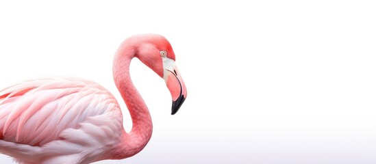 Fototapeta premium A pink flamingo is standing gracefully on top of a vibrant, lush green field under the clear sky, showcasing its elegant stature in the natural habitat.