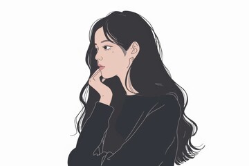 ロングヘアの考えている日本人女性の横顔（背景なし・悩み・検討・集中・物憂げ）