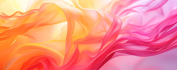 A vivid illustration featuring undulating waves of silk fabric in a warm gradient of pink to yellow.