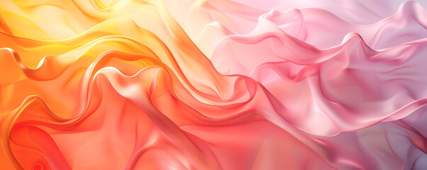 A vivid illustration featuring undulating waves of silk fabric in a warm gradient of pink to yellow. - obrazy, fototapety, plakaty