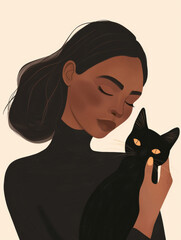 Ai Generated Art A Closseup Portrait of A Black Woman with Short Smooth Hair In Black Sweater Holding a Black Cat In her Arms, Minimalistic Flat Illustration