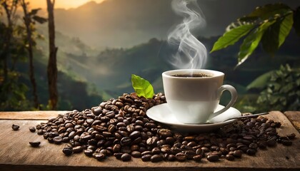 Coffee beans on a wooden table with a wonderful landscape with a coffee machine, cat, dog, steam, smell - obrazy, fototapety, plakaty