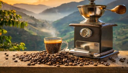 Coffee beans on a wooden table with a wonderful landscape with a coffee machine, cat, dog, steam, smell - obrazy, fototapety, plakaty