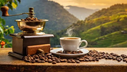 Poster Coffee beans on a wooden table with a wonderful landscape with a coffee machine, cat, dog, steam, smell © Petru