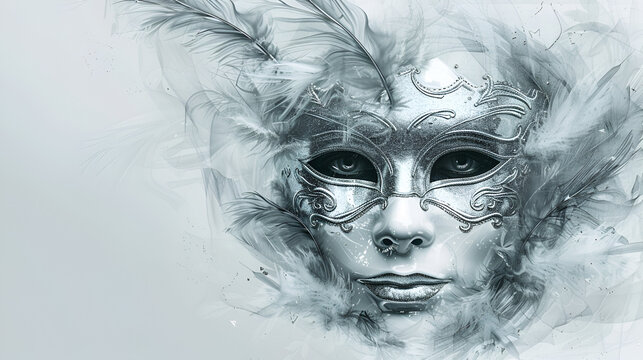 Vector Illustration. Silver carnival mask with feather, generative ai