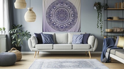 a radiant mandala on a soft lavender gray backdrop, paired harmoniously with a comfortable sofa.