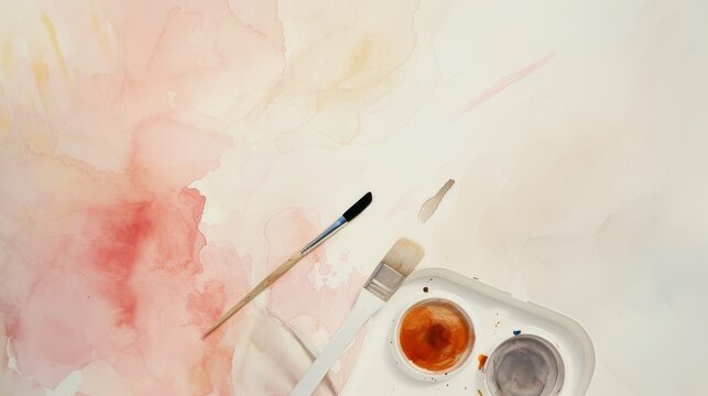 Close-up view of a watercolor painting set up, highlighting the nuanced blend of colors and the delicate tools of the artistic craft