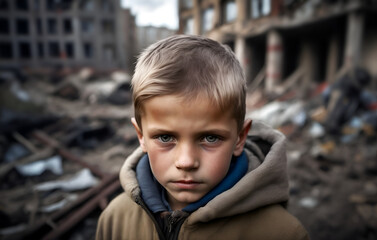 Portrait of a boy standing in front of bombed eastern european city - obrazy, fototapety, plakaty