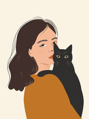 Ai Generated Art A Closseup Portrait of A White Young Woman With Curly Dark Hair In Orange Sweater Holding a Black Cat In her Arms, Minimalistic Flat Art