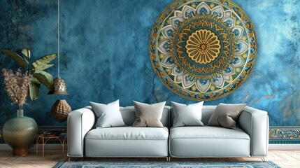 a radiant mandala on a serene powder blue backdrop, paired harmoniously with a comfortable sofa.