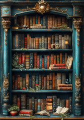Bookshelves in the Cozy Library, old books and ancient bookshelves with ancient ornaments - obrazy, fototapety, plakaty