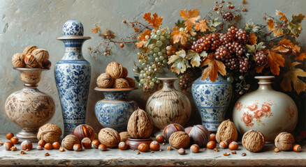 Fototapeta na wymiar Still life with walnuts vases grapes and acorns