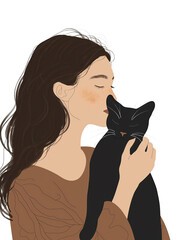 Ai Generated Art A Closseup Portrait of A Young Woman With Curly Dark Hair In Brown Sweater Holding a Black Cat In her Arms, Minimalistic Flat Simple Art