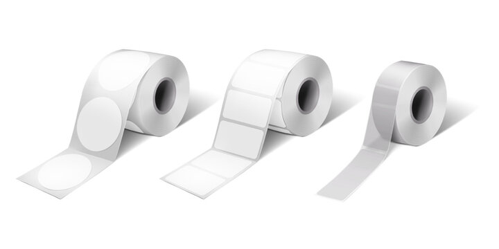 Label sticker roll. Vector mock-up set. Blank adhesive rectangular (clear and opaque) and round labels on bobbin mockup. Template for design