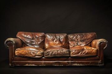 a brown leather couch with a black background - obrazy, fototapety, plakaty