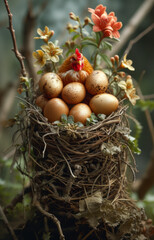 Easter eggs in nest with flowers