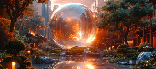 Rolgordijnen Giant glass orb sits in lush natural-looking garden reflecting the city in the background. © Vadim