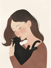 Ai Generated Art A Closseup Portrait of A Young Woman With Wavy Short Hair In A Bun In Brown Sweater Holding a Black Cat In her Arms, Minimalistic Flat Simple Art