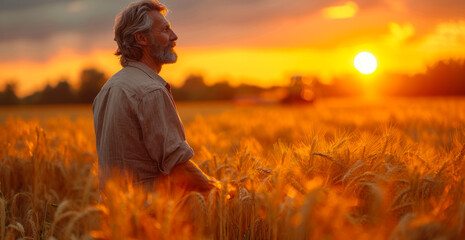 Senior farmer standing in his wheat field at sunset and looking away
