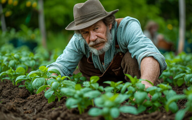 Senior man picking fresh vegetables from the garden organic produce