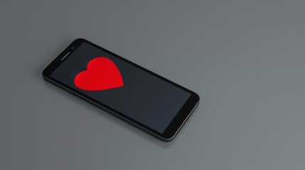 An image of a modern smartphone lying on a flat surface, displaying a bright red heart symbol against a muted screen, symbolizing love and digital communication.
