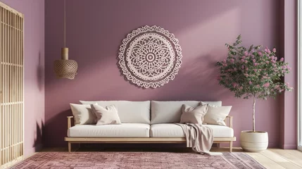 Poster a radiant flowering mandala on a soft lilac wall, paired harmoniously with a comfortable sofa. © Lal