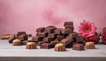 Obraz premium World chocolate day with a lot of different chocolates with chocolate cakes holding on table with flowers behind it a celebration