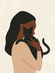 Ai Generated Art A Closseup Portrait of An African Black Woman Holding a Black Cat In her Arms, Minimalistic Flat Illustration