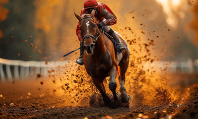 Jockey on horse racing on the track with motion blur - obrazy, fototapety, plakaty