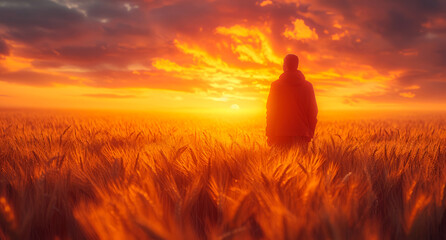 Man walking through field at sunset - 768102884