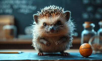 Hedgehog stands on blackboard in classroom with basketball and chalk board in the background - obrazy, fototapety, plakaty