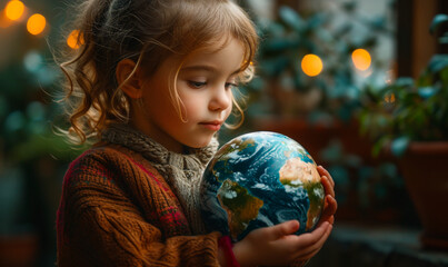Child holding globe in her hands