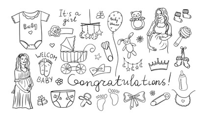 Cute set of baby shower elements in doodle style. Baby shower girl, happy mother, pregnant. Hand drawn. Great for card, invitation card, decoration party, design, print or advertising.