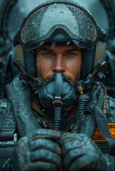 Portrait of man pilot wearing helmet and armor in fighter jet