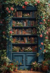 Fototapeta na wymiar Fotografia Obraz Magic old blue wooden bookcase and door in the garden with roses