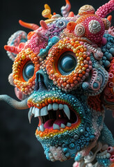 Colorful sculpture of skull with tentacles