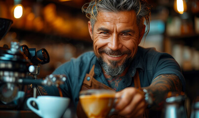 Portrait of smiling man with stylish beard and hair drinking coffee at the bar counter