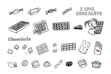Large set of chocolate in doodle style. Chocolates, piece of chocolate, chocolate cake, box of chocolates. Hand drawn. Great for banner, pastry, wrapping paper. Vector illustration EPS10