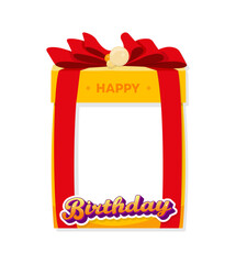 Happy Birthday.Yellow color photo frame in the form of a gift box with red ribbons and a big bow.Holiday concept.Trendy flat design template for photo booth, card, invitation.Vector illustration