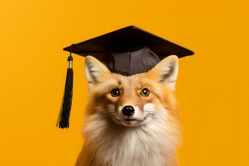 Fototapeta premium a fox in a graduate hat with a tassel on a yellow background. graduation from an educational institution.