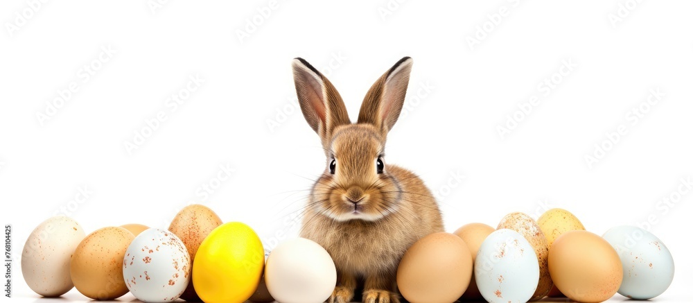 Poster a rabbit is sitting in front of a row of eggs. the rabbit appears alert and curious, with its ears p
