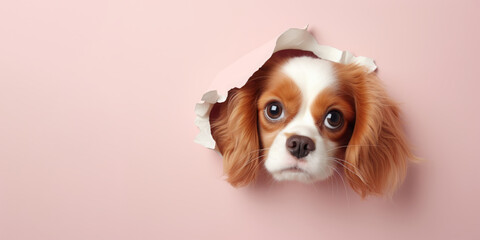 A King Charles spaniel dog peeks out of a hole in the pink wall. background. pet. a decorative breed of dog. - obrazy, fototapety, plakaty