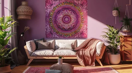 Poster a radiant flowering mandala on a soft lilac wall, paired harmoniously with a comfortable sofa. © Lal