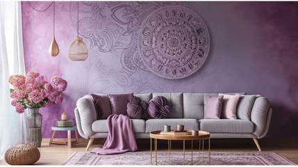 Foto auf Alu-Dibond a radiant flowering mandala on a soft lilac wall, paired harmoniously with a comfortable sofa. © Lal
