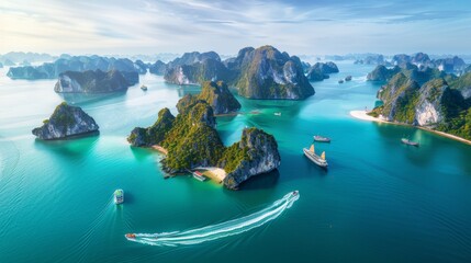Halong bay world heritage site  spectacular limestone islands and emerald waters in vietnam - obrazy, fototapety, plakaty